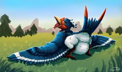 absurd_res avian avian_feet beak belly blue_body bodily_fluids drooling feathered_crest feathered_wings feathers feet female feral generation_3_pokemon gyrotech head_crest hi_res looking_back markings mistral_(gyro) nintendo pokemon pokemon_(species) presenting red_markings saliva slightly_chubby solo swellow tail tail_feathers talons toes tongue tongue_out white_body white_markings wings yellow_eyes