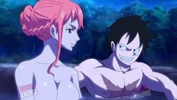 big_breasts black_hair female male male/female monkey_d_luffy muscular_male nami one_piece orange_hair scar scar_on_chest smile