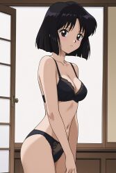 1girls ai_generated bishoujo_senshi_sailor_moon black_hair black_lingerie blush hotaru_tomoe lingerie sailor_saturn short_hair solo standing underwear