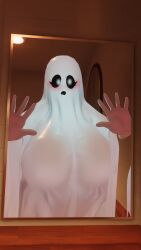 big_breasts bom39 breasts ghost_costume hands_against_glass head_covered looking_at_viewer mirror_reflection sheet_ghost solo_female technically_clothed vrchat vrchat_avatar wide_waist