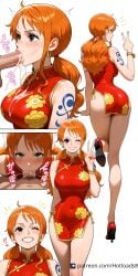 ai_generated blowjob breasts china_dress chinese_new_year clothing fellatio female hotload-8 male nami nami_(one_piece) one_piece petreon