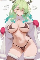 :o antlers areola_slip bra braid breasts brown_bra brown_panties ceres_fauna coat contrapposto cowboy_shot earrings english_text female flower fur-trimmed_coat fur-trimmed_thighhighs fur_trim gloves gluteal_fold gradient_hair green_hair grey_coat hair_flower hair_ornament highres hololive hololive_english horns jewelry lace lace-trimmed_bra lace_trim large_breasts long_sleeves looking_at_viewer medium_hair micro_bra mittens multicolored_hair navel open_clothes open_coat panties parted_lips patreon_logo patreon_username red_gloves side_braid skindentation solo standing stomach thighhighs thighs thong tree_horns underwear undressing virtual_youtuber white_flower yellow_eyes zelc-face