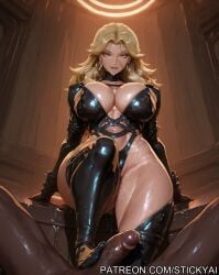 1girls ai_generated athletic_female blacked blonde_hair blue_eyes breasts fantastic_four fat_ass fit imminent_sex interracial invisible_woman leather marvel_rivals milf nsfw sue_storm superheroine teasing