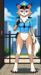 1girls 2025 ai_generated anthro blue_eyes blushing bottomless bottomless_female brown_fur digitigrade female female_only generation_7_pokemon hi_res innie_pussy looking_at_viewer lycanroc midday_lycanroc nintendo outdoors pokemon pokemon_(species) police police_uniform pussy white_fur