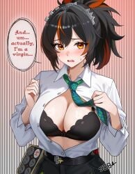 blush bra breasts confession large_breasts open_shirt soba11_(artist) sweat zenless_zone_zero zhu_yuan