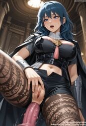 1boy ai_generated anal anus armlet armor bangs belt black_cape black_shorts blue_eyes blue_hair blush boots breasts brown_pantyhose bustier byleth byleth_(female) byleth_(female)_(fire_emblem) byleth_(fire_emblem) byleth_(jehanna)_(fire_emblem_(female) cape clitoris clothing clothing_cutout dildo female female female_masturbation female_only fire_emblem fire_emblem:_fuukasetsugetsu fire_emblem:_the_sacred_stones fire_emblem:_three_houses fire_emblem_heroes floral_print genital_fluids hair_between_eyes indoors jousneystudio large_breasts legwear legwear_under_shorts lips long_hair looking_at_viewer male masturbation medium_hair midriff navel nintendo nipples object_insertion open_mouth pantyhose penis sex sex_toy shirt short_shorts short_sleeves shorts shoulder_armor solo solo_focus spread_legs straight tassel teeth testicles thighhighs thighs torn_clothes torn_legwear torn_pantyhose turtleneck uncensored vagina vaginal_juices vaginal_penetration vambraces