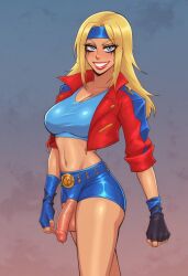 1futa anasheya_(style) balls black_fingerless_gloves blonde_futa blonde_hair blonde_hair_blue_eyes blonde_hair_futa blue_eyes blue_headband blue_spandex_shorts cowboy_shot cropped_jacket fingerless_gloves futa_only futanari gloves grin grinning_at_viewer headband jacket large_breasts light-skinned_futanari long_hair long_hair_futa looking_at_viewer midriff milf_enjoyer navel open_jacket penis red_jacket shorts smiling_at_viewer solo solo_futa spandex_bra spandex_shorts testicles