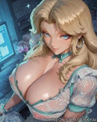 ai_generated athletic_female blonde_hair blue_eyes cleaning exposed_nipples fantastic_four invisible_woman maid marvel_rivals milf sue_storm superheroine visible_nipples wet