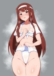 1girls blush breasts brown_eyes brown_hair clothed drawn embarrassed female female_only fundoshi headband idolmaster idolmaster_million_live! japanese_clothes lifting_clothing long_hair looking_at_viewer navel nejime nejime_(nejimeinu) nipples_visible nipples_visible_through_clothing pussy_juice see-through shy small_breasts solo_female standing sweat tanaka_kotoha teenage_girl teenager thick_thighs thighs wide_hips young_female