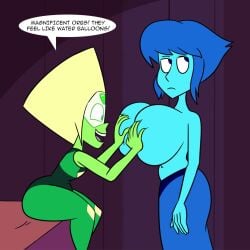 2girls big_breasts breast_grab breasts cartoon_network female groping huge_breasts lapis_lazuli_(steven_universe) peridot_(steven_universe) sb99 steven_universe yuri