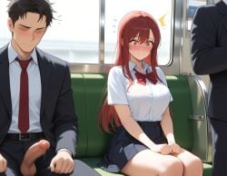 ai_generated chikan embarrassed embarrassed_female exhibitionism exhibitionist exposed_penis leaking_precum school_uniform schoolgirl sexual_harassment train_interior