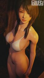 1girls 3d alluring bare_legs big_breasts bikini bikini_top_only brown_eyes brown_hair cleavage fatal_frame foulveins kozukata_yuri naked_from_the_waist_down pin_up pubic_hair pussy tecmo