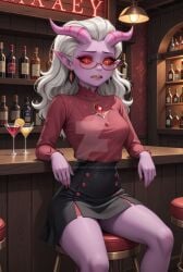 ai_generated clothed_female demon_girl glasses helluva_boss horns mayberry_(helluva_boss) pink_body white_hair