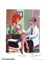 1 1boy 1girls 1man 2d bimbo breasts brown_skirt dean_yeagle doctor doctor_on_patient english_text female heels hospital hospital_room lips long_skirt male medic medical_examination medium_breasts midi_skirt red_hair red_lips skirt topless