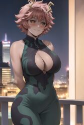 1girls ai_generated amiral_ai antennae black_sclera bodysuit braless breasts cleavage female female_only indoors large_breasts mina_ashido mommy my_hero_academia no_bra pink_body pink_hair pink_skin short_hair slim_waist thick_thighs wide_hips yellow_eyes