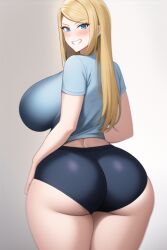 ai_generated ass ass_focus black_short_shorts blonde_hair blue_shirt blush curvy curvy_figure gigantic_ass huge_ass huge_breasts long_hair looking_at_viewer metroid nai_diffusion samus_aran seductive_smile shiny_clothes shiny_hair shiny_skin short_shorts stable_diffusion tight_shirt voluptuous