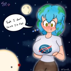 1girls absurd_res anthro artist_name artist_signature blue_hair blush breast_grab brown_shorts earth-chan english_text female female_focus female_only glowing grabbing grabbing_own_breast moon moonlight satellite space speech_bubble spunow_ stars sun sweat sweating sweaty text yellow_eyes