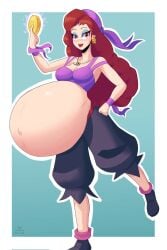 1girls arawaffle belly_bulge big_belly captain_syrup coin female huge_belly hyper_pregnancy mario_(series) necklace pirate pregnant pregnant_female red_eyes red_hair smile wario_(series) wario_land white_body