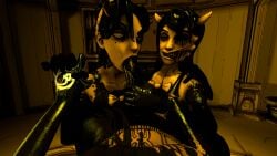 1futa 2girls 3d :>= allison_angel allison_pendle angel_humanoid arm_grab audrey_drew bendy_and_the_dark_revival bendy_and_the_ink_machine bowtie demon demon_horns demon_humanoid dickgirl eye_contact futanari holding_hands holding_penis horn ink smile smiling source_filmmaker susie_campbell twisted_alice vorongamer