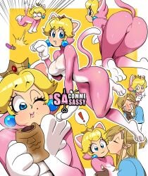 ! 1boy 1girls 2d :3 ass blonde_hair blue_eyes breath_of_the_wild cat_ears cat_peach cat_tail catgirl crossover crown earrings eating female kissing link link_(breath_of_the_wild) long_hair looking_at_viewer male mario_(series) nintendo pink_lipstick princess_peach sasatseng straight super_mario_3d_world tail the_legend_of_zelda very_high_resolution