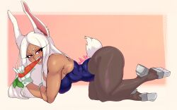 1girls bunny_ears bunny_girl bunny_tail bunnysuit carrot dark-skinned_female dark_skin eating female female_only gloves klebo_stuff long_hair looking_at_viewer lying lying_on_stomach miruko my_hero_academia narrowed_eyes pantyhose red_eyes rumi_usagiyama side_view solo thick_thighs very_high_resolution white_hair wrist_cuffs