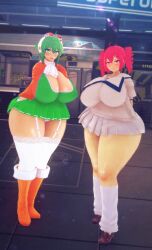 2girls 3d 3d_(artwork) ahegao big_breasts blush blushing blushing_at_viewer boots female female_only females females_only goggles goggles_on_head green_eyes gumi heart-shaped_pupils kasane_teto leggings looking_at_viewer megpoid megpoid_gumi ragedkc subway_station utau vocaloid wide_hips wide_thighs