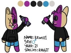 1boy anthro big_ears buckteeth buttons clothing cute digital_drawing_(artwork) english_text hi_res looking_to_the_side male male_only model_sheet oc original_character paint_can pose rabbit rabbit_ears reference_sheet shorts smile teddy_bear_(species)