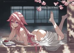 ass bed_sheet blush book bottle breasts butt_crack cherry_blossoms cleavage elbow_rest feet_up female from_side genshin_impact highres large_breasts long_hair looking_at_viewer lying naked_sheet on_floor on_stomach open_book pink_hair purple_eyes sake_bottle solo the_pose very_long_hair yae_miko zefra_bleu