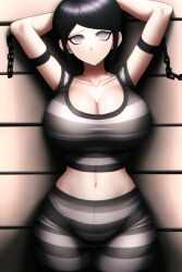 ai_generated arms_behind_head arms_up black_hair cleavage danganronpa danganronpa:_trigger_happy_havoc female_only freckles grey_eyes huge_breasts large_breasts midriff mukuro_ikusaba n.c.b_ai nai_diffusion prison prison_uniform prisoner stable_diffusion tank_top wide_hips