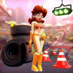 1girls 3d accurate_art_style alternate_version_at_source battle_stadium blue_eyes bodysuit brown_hair female female_only freckles human looking_at_viewer mario_(series) mario_kart mario_kart_8 nintendo onmodel3d pinup png princess_daisy racing_suit solo stadium tagme unzipped_bodysuit