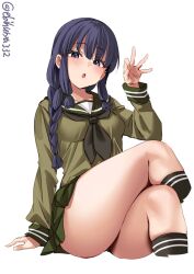 black_hair black_neckerchief black_socks blunt breasts ebifurya female green kantai_collection kitakami_(kantai_collection) kneehighs legs legs_crossed looking_at_viewer medium_breasts neckerchief one-hour_drawing_challenge open_mouth purple_eyes school_uniform serafuku simple_background skirt socks solo tresses twitter_username white_background