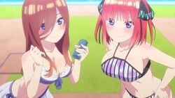 2girls animated anime_screencap ass ass_shake bikini bikini_skirt black_ribbon blue_bikini blue_eyes blush bouncing_ass breasts butterfly_hair_ornament cleavage collarbone floral_print frilled_bikini frills gif_artifacts go-toubun_no_hanayome hair_ornament hair_ribbon hand_on_hip highres huge_ass large_breasts long_hair looking_at_viewer medium_hair multiple_girls nakano_miku nakano_nino navel no_sex no_sound off-shoulder_bikini off_shoulder pink_bikini pink_hair red_hair ribbon screencap siblings sisters skirt smile stomach striped striped_bikini swimsuit tagme twin_sisters twins video white_skirt