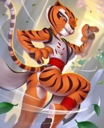 butt claws cleavage clothed detailed_background dreamworks facial_markings female furry handpads hi_res highres kung_fu_panda looking_at_viewer master_tigress orange_fur pak009 pakwan008 pawpads pelvic_curtain smile solo striped_fur striped_tail stripes tail three_tone_clothing tiger two_tone_fur whiskers white_panties