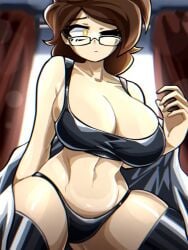 1girls bra brown_hair female female_only glasses huge_breasts human kyurby_(zzzhodazzz) large_breasts panties solo underwear yellow_eyes zzzhodazzz