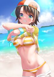 1girls aqua_eyes backwards_hat bangs baseball_cap beach bikini breasts brown_hair chromatic_aberration cleavage clothes_lift clothes_pull commentary_request contrapposto cowboy_shot faubynet female grin groin hat highres hololive hololive_gen_2 hololive_japan light-skinned_female light_blush looking_at_viewer lowleg lowleg_bikini medium_breasts navel ocean oozora_subaru outdoors red_headwear revision shiny_skin shirt shirt_lift short_hair short_sleeves shorts shorts_pull skindentation smile solo stomach striped striped_bikini striped_shirt sweat swept_bangs swimsuit two-tone_headwear undressing virtual_youtuber white_headwear white_shorts