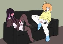 1futa 1girls animated artist_self-insert big_breasts black_hair blush bottomless breasts casual casual_masturbation clothed clothed_female clothed_futanari clothing couch duo electronics erection eyewear female flustered futa_with_female futanari group_masturbation holly_(purringjello) hoodie human hypercasual light-skinned_female light-skinned_futanari light_skin long_hair masturbation pale_skin partially_clothed penis purringjello pussy red_hair small_breasts small_penis television thighhighs v_(purringjello) vagina video