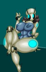 blue_eyes brown_hair bug_girl dark_skin large_breasts original_character robot robot_girl tummy usamari_atari