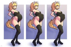 1girls arawaffle belly_bulge belly_button big_belly black_clothing blonde_hair bowsette crown female_only fetal_movement horns kicking_(pregnancy) lewd_clothing mario_(series) new_super_mario_bros._u_deluxe nintendo pregnant pregnant_belly pregnant_female rule_63 solo_female tail