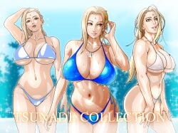 bare_shoulders beach bikini blonde_hair breasts collar female female_focus highres jewelry large_breasts looking_at_viewer mature mature_female midriff multiple_poses naruto naruto_(series) naruto_shippuden navel necklace orange_eyes saburo_des smile solo sweat swimsuit teasing thick_thighs thighs tsunade voluptuous wet