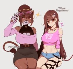 2girls anthro anthrofied big_breasts blue_lipstick blush brown_hair clone english_text female female_only fur-tsona_(nyantcha) heart hi_res human light-skinned_female light_skin lion lion_ears lion_tail long_hair looking_at_penis looking_at_viewer o-ring o-ring_legwear o-ring_strap original pantherine red_eyes sitting smiling smiling_at_viewer sparkles sunglasses sunglasses_on_head tail teeth_showing text thiccwithaq tied_hair tiffany_(thiccwithaq) tsona_(nyantcha) white_background