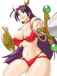 1girls athena_(series) big_breasts bikini bow breasts busty cleavage female female_only fingerless_gloves gloves hairbow large_breasts legs long_hair looking_at_viewer navel pink_lips princess_athena purple_eyes purple_hair red_bikini shield smile snk solo swimsuit sword thighs voluptuous weapon