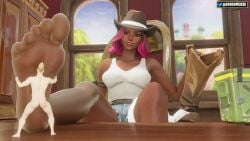 1boy1girl 3d 5_toes animated badomen barefoot blender boots boots_removed brown_eyes calamity_(fortnite) clothed_female_nude_male cowboy_hat cowgirl cowgirl_outfit dark-skinned_female denim_shorts drift_(fortnite) feet female foot_fetish foot_focus fortnite giantess goodomen3d larger_female larger_female_smaller_male long_hair looking_at_partner loop male miniature_male mp4 nude nude_male pink_hair sitting sitting_on_chair smaller_male soles sound tagme tan_skin tank_top toes video