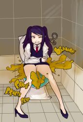 1girls fart fart_fetish high_heels julianne_stingray long_sleeves necktie purple_hair purple_vest red_eyes solo tagme toilet twintails usagaijin va-11_hall-a white_shirt