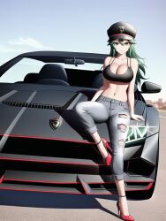 1girls ai_generated bare_shoulders bra car green_eyes green_hair hat heels high_heels jeans lamborghini long_hair looking_at_viewer navel no_shirt original original_character outdoors outside shmebulock36 sitting_on_car solo