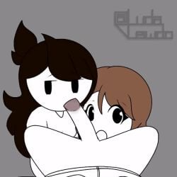 2girls 2girls1boy animated animated_gif ball_sucking black_hair blinking blowjob brown_hair collaborative_fellatio emirichu fellatio female grey_background heart-shaped_pupils hearts jaiden jaiden_animations long_hair looking_at_viewer ludalewdo male_pov mob_face oral penis pov saliva saliva_on_penis sucking_testicles tagme teamwork white_body youtube youtuber