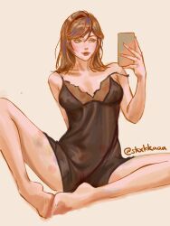 1girls brown_hair female hoyoverse lingerie long_hair mihoyo phone rosa_(tears_of_themis) selfie skxkkaaa solo tagme tears_of_themis