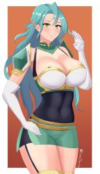 absurdres aqua_hair bare_shoulders blush border bow breasts chloe_(fire_emblem) cleavage commentary covered_navel cowboy_shot elbow_gloves female fire_emblem fire_emblem_engage garter_straps gloves green_eyes green_skirt hairbow hand_up highres large_breasts long_hair looking_at_viewer microskirt orange_background orange_bow outside_border pencil_skirt skirt smile solo standing thighs tiredtorto very_long_hair white_border white_gloves