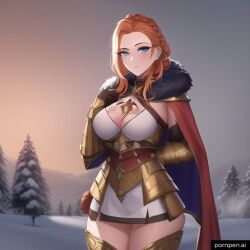 1girls ai_generated blue_eyes braided_hair breasts cape clothed clothed_female female female_only forest gloves gold_(metal) jfxjxf metal_armor miniskirt necklace original_character pornpen.ai red_hair skirt smile snow