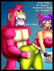 1boy 1girls big_areola big_ass big_breasts big_nipples brawl_stars earrings fully_clothed gigantic_ass gigantic_breasts gloves green_pants huge_ass huge_breasts large_ass large_breasts lipstick lola_(brawl_stars) makeup male/female mole_under_mouth nipples_visible_through_clothing open_mouth purple_hair rests_the_body_against_the_ass robot smile smiling smooth_skin supercell surge_(brawl_stars) thick_thighs tight_clothing tongue touching_body touching_thigh xequiel