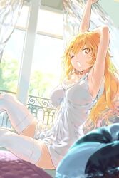 +_+ 1girls 2020s 2023 absurd_res armpits arms_up bangs bed bedroom blonde_hair breasts bright_pupils curtains cushion female haimura_kiyotaka hi_res indoors large_breasts light-skinned_female light_skin long_hair looking_at_viewer matching_hair/eyes nightgown official_art on_bed one_eye_closed open_mouth orange_eyes pillow shokuhou_misaki sitting sleepwear solo sparkling_eyes star-shaped_pupils star_(symbol) stretching sunlight symbol-shaped_pupils teenage_girl teenager thighhighs to_aru_kagaku_no_railgun to_aru_majutsu_no_index unusual_pupils white_nightgown white_thighhighs window yawning yellow_eyes yellow_pupils young